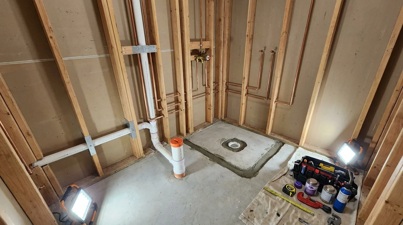 Bathroom rough-in plumbing during remodel by Johns Plumbing LLC in Kennebunkport