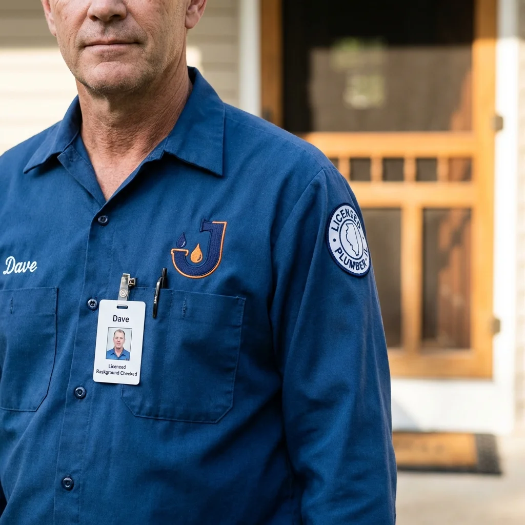 Licensed plumber showing ID badge in Kennebunkport, ME