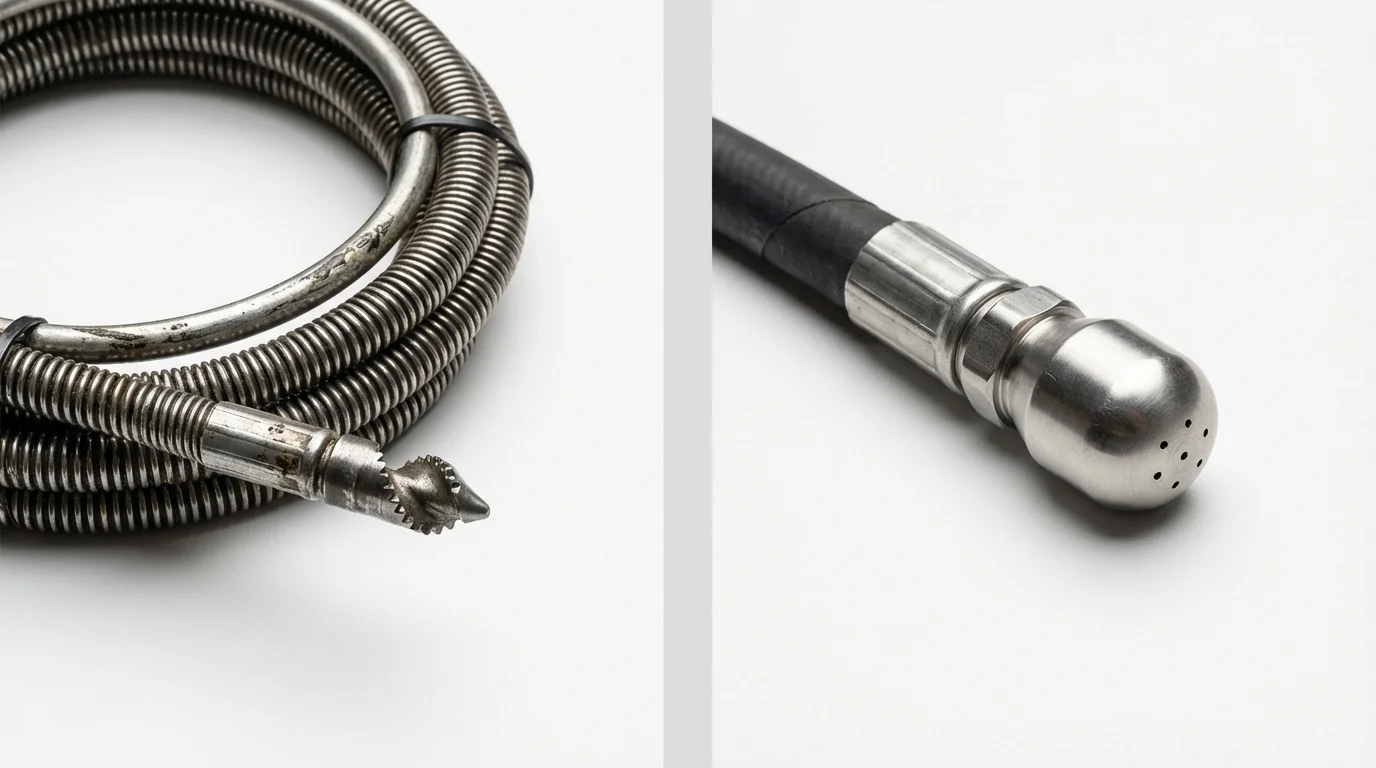 Drain snake cable and hydro jetting nozzle used for drain cleaning in Kennebunkport, ME