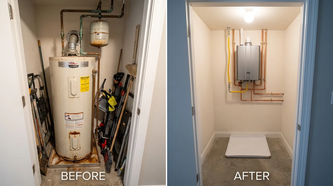 Tank water heater versus wall-mounted tankless unit comparison for Kennebunkport, ME homeowners