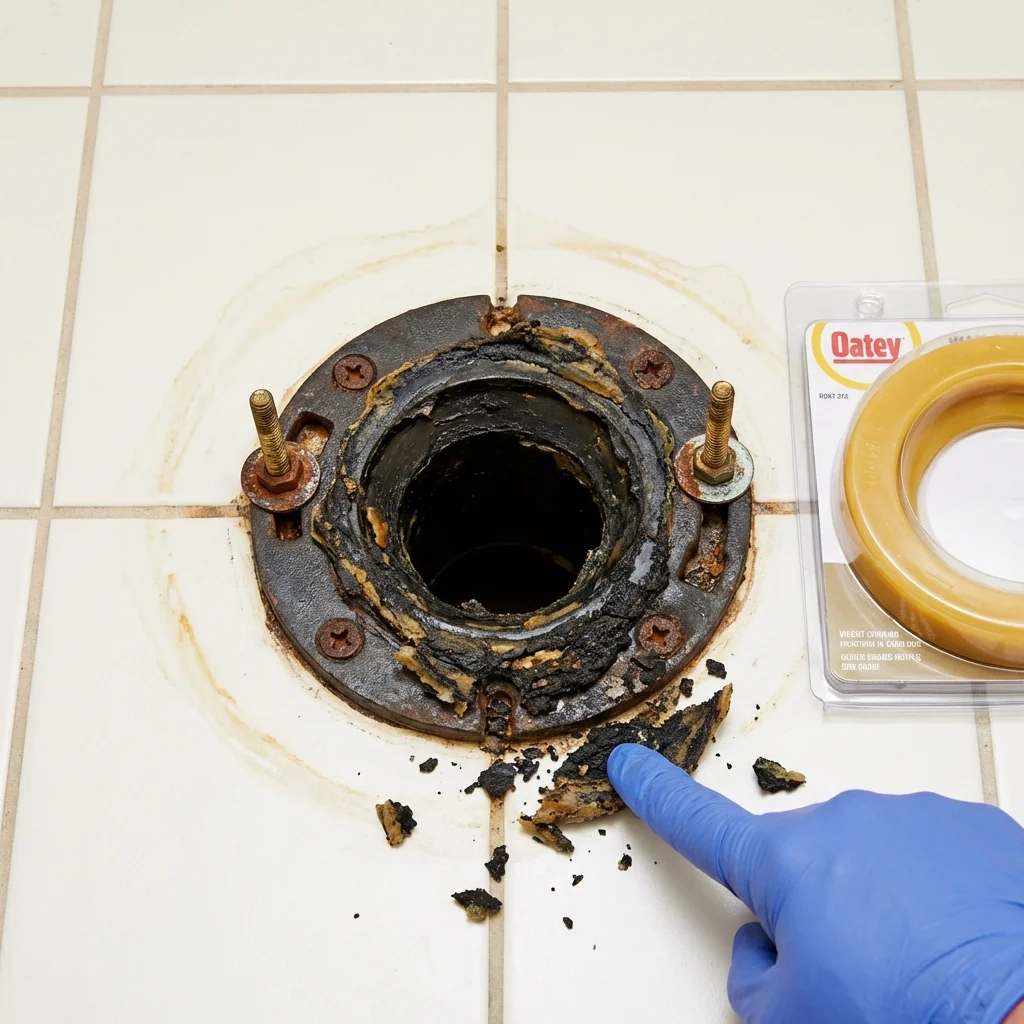 Failed wax ring showing water seepage at the base of a toilet in a Kennebunkport, ME home