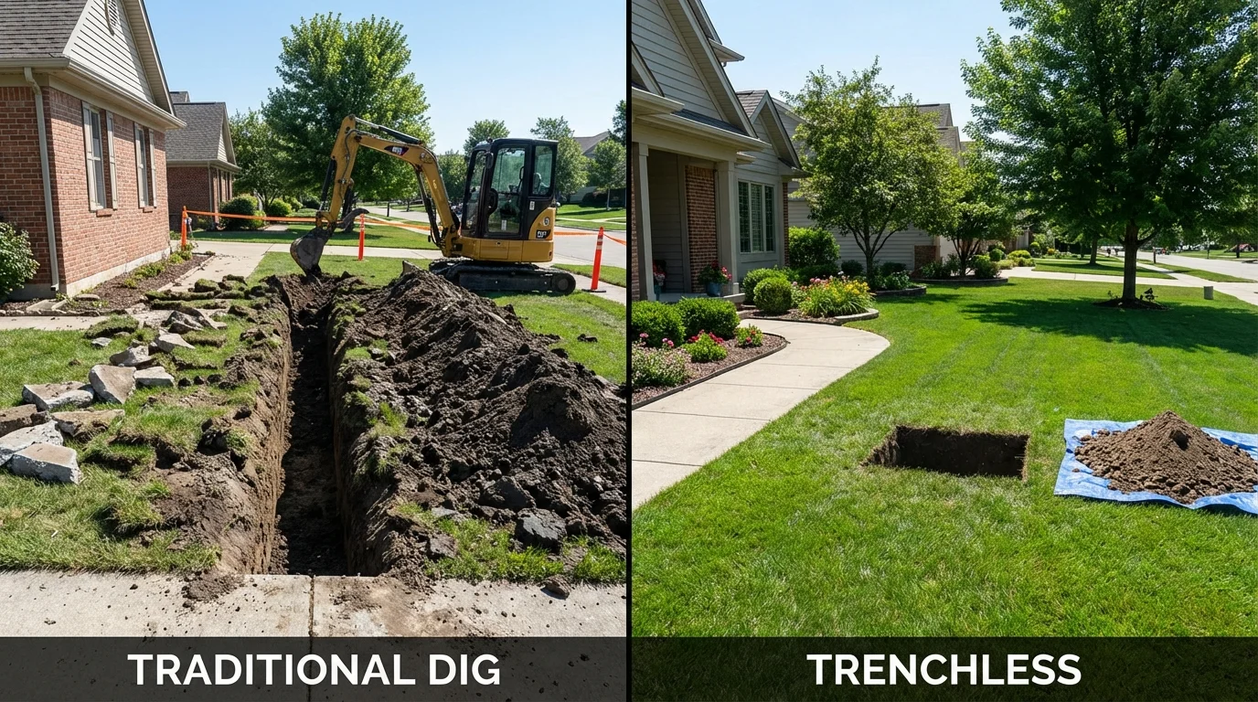 Trenchless sewer repair with minimal yard damage versus traditional excavation in Kennebunkport, ME