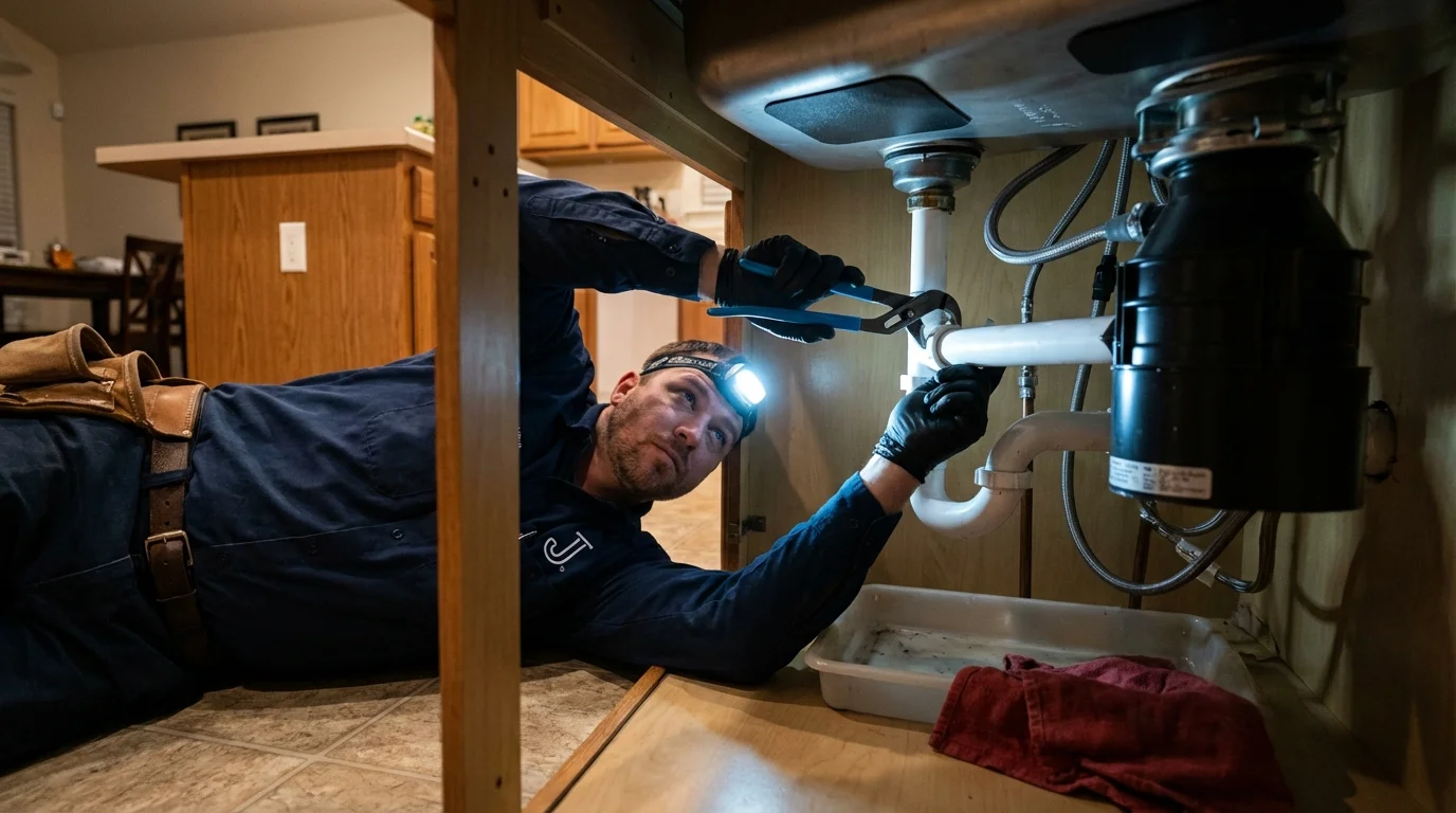 P-trap and supply line connections under a kitchen sink showing a common leak point in Kennebunkport, ME